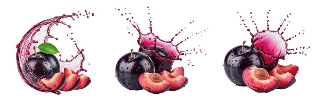 Fresh black plum with plum slices and dark purple juice splash explosion isolated on white background, high speed liquid splash photography, black plum juice concept for beverages and packaging, reali