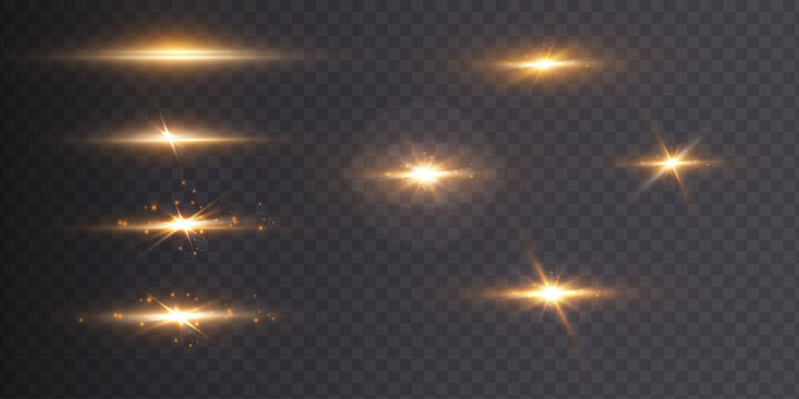 Golden glow light flare set with horizontal beams and sparkles on transparent background. Perfect for highlight overlays in photo editing, luxury product banners, social media posts