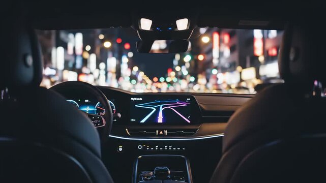 Bright city lights illuminate the night as the car glides through bustling streets. The urban landscape buzzes with excitement, reflecting a lively atmosphere.