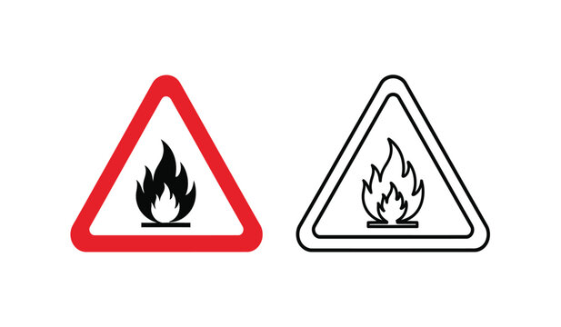 Warning signs of fire and flame icons in triangle shapes with red and black outline