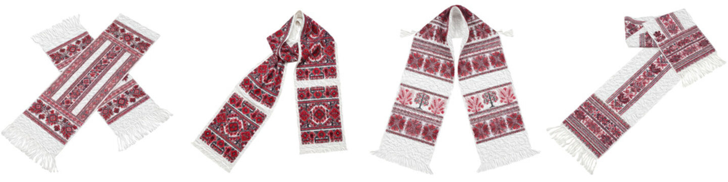 Set and collection of traditional Ukrainian rushnyk embroidered towels and scarves with red ethnic patterns isolated on white transparent PNG background