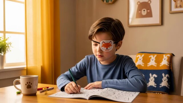 Caucasian boy with eye patch on right eye standing and sitting at table to draw. Vision therapy and eye care for kid.