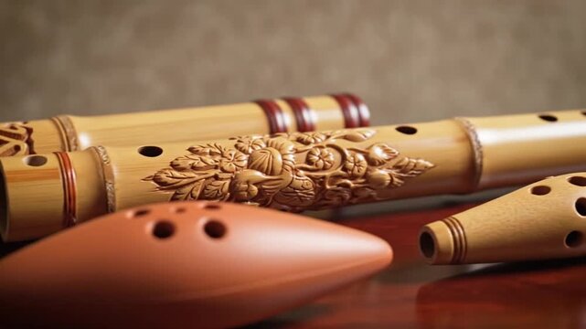 Traditional bamboo flutes and ocarina on dark wooden surface