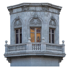 Obraz premium Elements of architectural decorations of buildings, balconies, arches and balustrade, gypsum patterns and stucco. On the streets in Catalonia, public places.