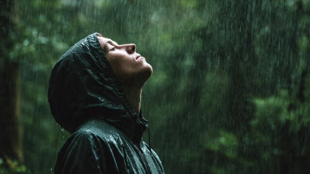 Person enjoys rain in a green forest