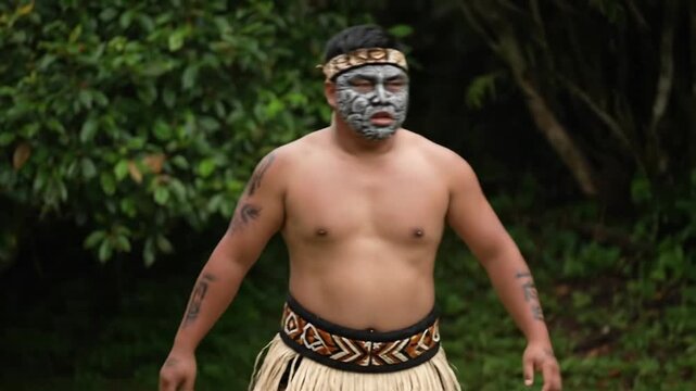 Traditional Maori warrior performing haka with face paint in nature