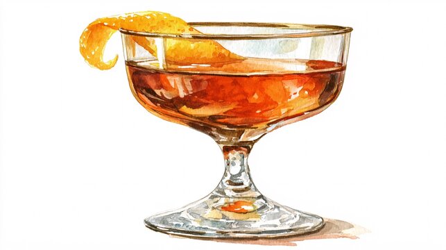 Elegant cocktail glass with amber drink and orange twist garnish on white background