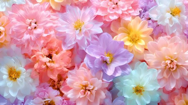 Mothers Day, Valentines Day, love holiday theme. A vibrant array of pink and white dahlias, each with a distinct yellow center, set against a backdrop of lush green foliage.