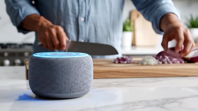 In a stylish kitchen, a person expertly chops red onions on a wooden cutting board, harmonizing the art of cooking with a smart speaker illuminating vibrant colors, blending technology with tradition.