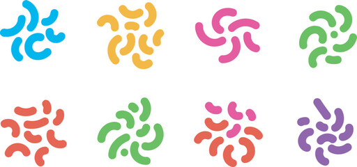 Set of abstract colorful curved shapes forming clusters on a white background