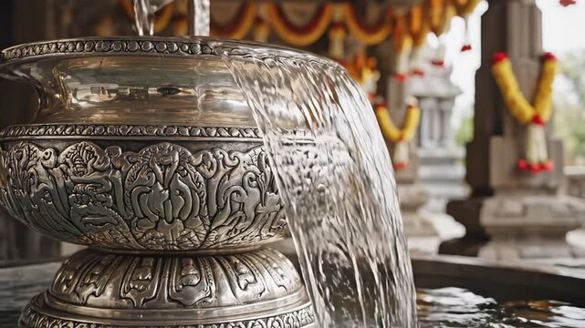 Ornate Silver Urn Overflowing with Clear Water in Temple Courtyard with Garlands