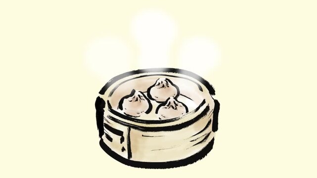 蒸篭の蓋を開けて小籠包が出てくる筆タッチの動画アニメーション	