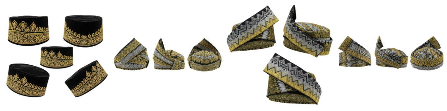 Set and collection of traditional Malay Songkok caps and Tanjak headgear featuring intricate gold songket embroidery, isolated on white transparent PNG background