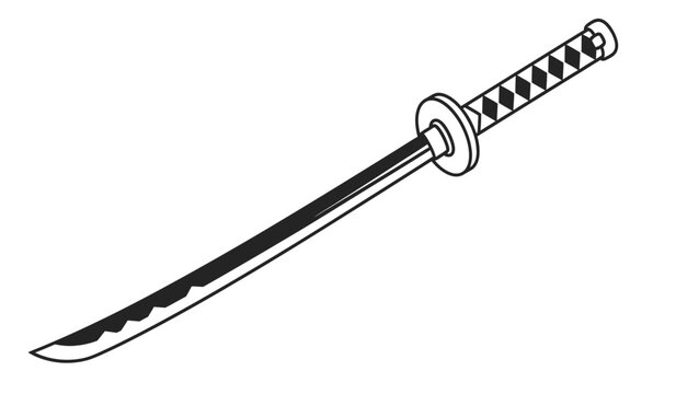 A black and white illustration of a katana sword with a checkered handle