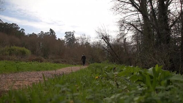 Wide shot of a woman walking away from the camera along a dirt road surrounded by green grass, trees, and a cloudy sky in a peaceful landscape.