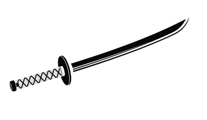 A black and white illustration of a japanese katana sword with a wrapped handle and curved blade