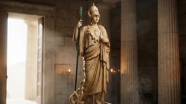 Cinematic recreation of Athena statue inside an ancient Greek temple
