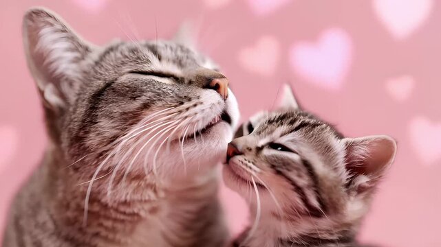 Mothers Day, Valentines Day, love holiday theme. Two kittens looking up at each other against a pink background adorned with heartshaped symbols, creating a romantic and whimsical atmosphere.