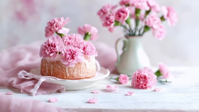Mothers Day, Valentines Day, love holiday theme. A cake with pink carnations placed on a white plate beside a vase filled with pink flowers. The cake is surrounded by delicate pink petals.