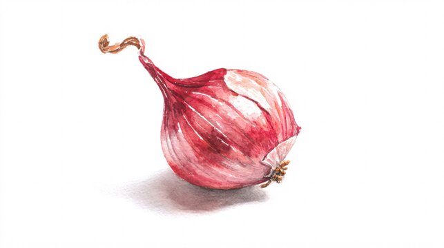 Close-up of single red onion isolated on white background with natural lighting
