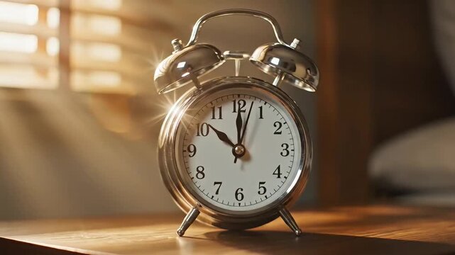 A vintage silver alarm clock sitting on a wooden nightstand, illuminated by sunlight.
