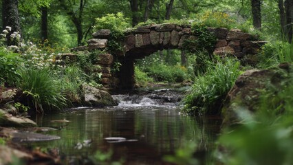 Stone Bridge Over Creek in Forest