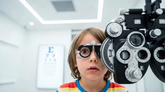 Young boy undergoing visual acuity test with a phoropter in a bright ophthalmology clinic for eye care and vision correction