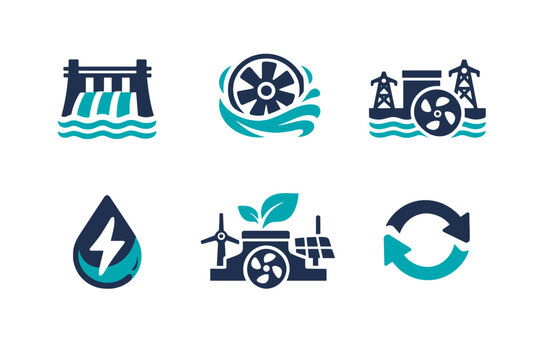 Clean hydro flow labels turbine simple vector dam station image icon no
