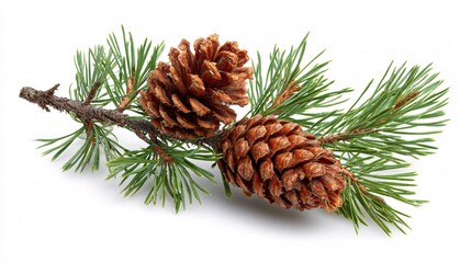 Close-up of pine cones on green pine branch isolated on white background
