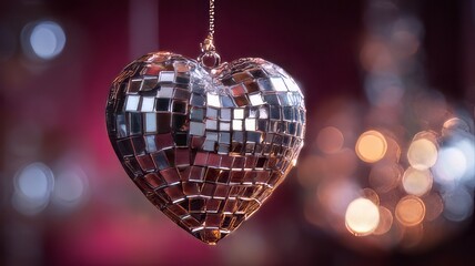 Fototapeta premium Sparkling mirrored heart shaped disco ball ornament hangs suspended catching warm ambient light creating a festive mood perfect for celebrations or romantic dance themes