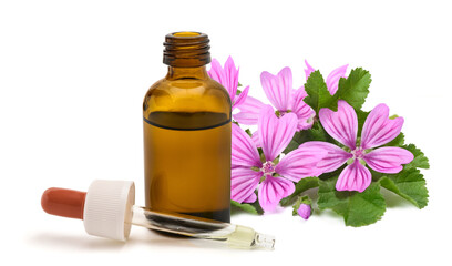 Mallow flowers with essence bottle