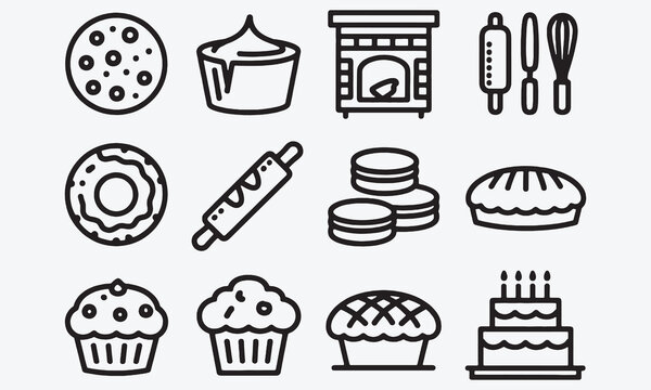 Bakery icon Containing cookie, pudding, oven, baking tools, doughnut, bread, macaroon, muffin, pie, birthday cake and more. Editable line icons.