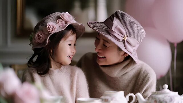Mothers Day, Valentines Day, love holiday theme. A mother and daughter seated at a table, both wearing matching hats adorned with flowers. The table contains a teapot, cup, and saucer.
