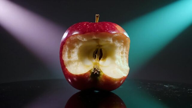 Red apple with a bite taken out, on a reflective surface with colored lights.