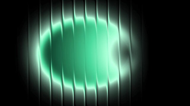 A green glow emanates from a series of vertical silver lines against a black background.
