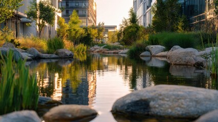 Obraz premium Urban oasis: Serene pond reflecting modern buildings