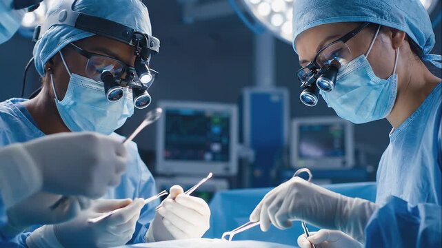 Two professional female surgeons of diverse ethnicities, wear magnifying headlamps and masks while performing a complex operation. Focused teamwork surgery in a high-tech modern hospital.
