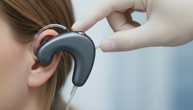 Doctor adjusting a cochlear implant on a woman ear. Hearing aid technology for deaf patient. Medical treatment for hearing.