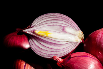 sliced red onion on black background