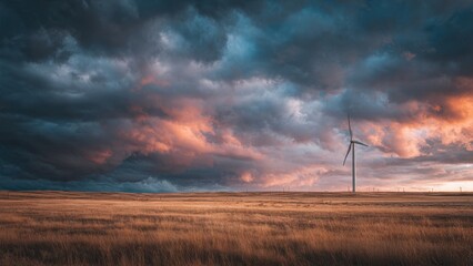 Obraz premium Wind Turbine at Sunset in Field