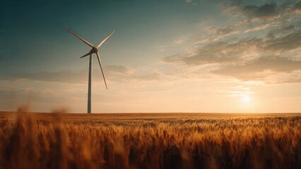 Obraz premium Wind turbine in wheat field at sunset
