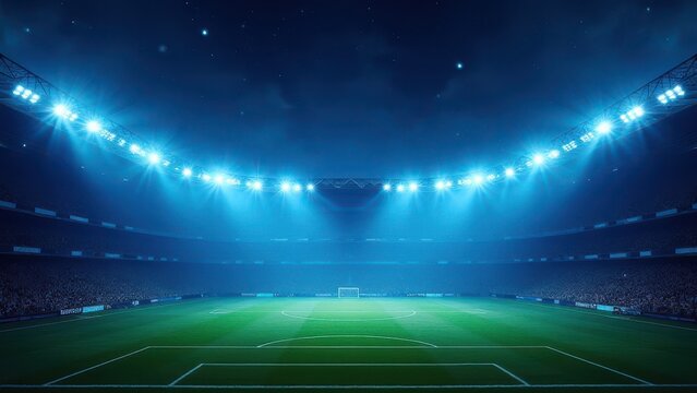 beautiful sports stadium shining with blue spotlights at night under starry sky dramatic arena scene with open free space for design and text