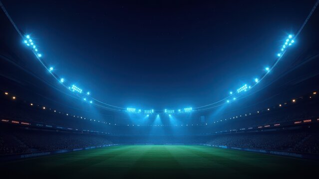 beautiful sports stadium shining with blue spotlights at night under starry sky dramatic arena scene with open free space for design and text