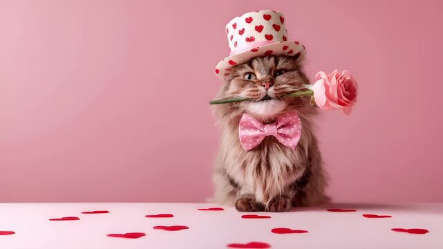 Mothers Day, Valentines Day, love holiday theme. A fluffy cat wearing a heartpatterned hat and a pink bow tie, holding a rose in its mouth.