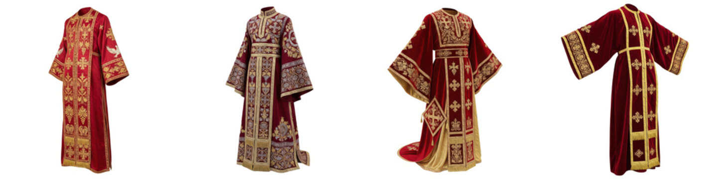 Collection of Sakkos and Dalmatic Vestment Set, Traditional Eastern Christian and Liturgical Ceremonial Robes, Ornate Clergy Church Garments isolated on white transparent PNG background