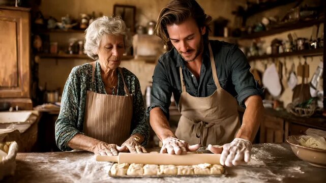 Mothers Day, Valentines Day, love holiday theme. A man and woman in aprons kneading dough together in a rustic kitchen. The man, wearing a blue shirt and brown apron.