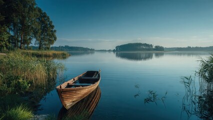 Obraz premium Wooden Boat on Calm Lake at Sunrise