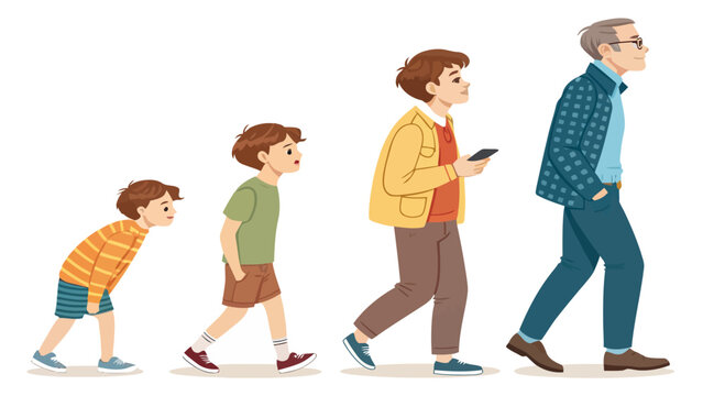 Human evolution concept: Stylized figures of a boy transforming into a man and then an older gentleman, showing life's journey
