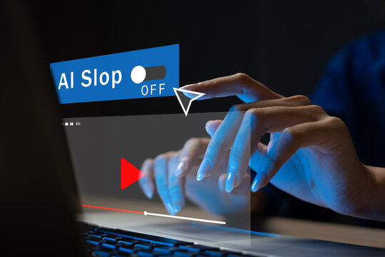 Concept of rejecting AI slop. female hands typing on laptop with warning overlays, symbolizing resistance to low-quality AI-generated digital media. ai, slop, artificial, intelligence, warning.