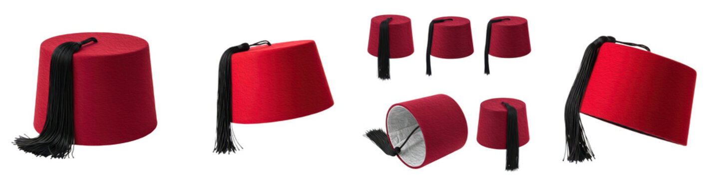 Collection of Fez Rumi Topi Set, Traditional Ottoman and Middle Eastern Headwear, Classic Cultural Religious Hat isolated on white transparent PNG background